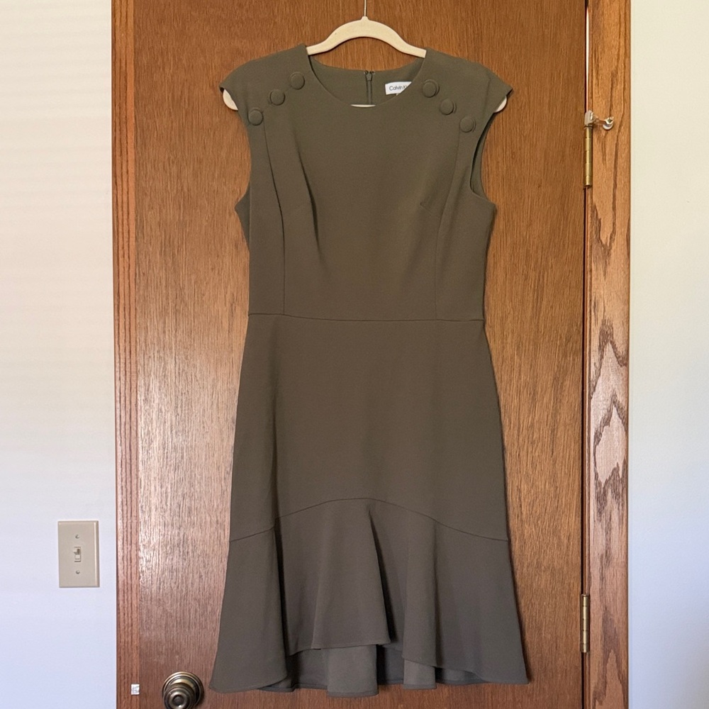 Calvin Klein Olive Green Sleeveless Midi Dress with Button Shoulder Detail
